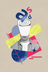 Vertical creative collage poster young man half face body fragment alphabet letter spiral mind...