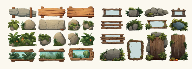 Set cartoon game wooden and stone panels in jungle style with space for text. Cartoon set of wooden panels, wooden boards and direction signs with plants in forest isolated on white background