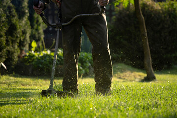 Lawn mover on green grass. Machine for cutting lawns.