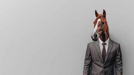 a Horse wearing a suit with a tie on a plain white background on the left side of the image and the right side blank for text