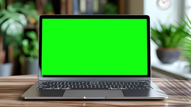 Zoom out animation of Laptop with blank green screen with plant moving, inside Home interior background