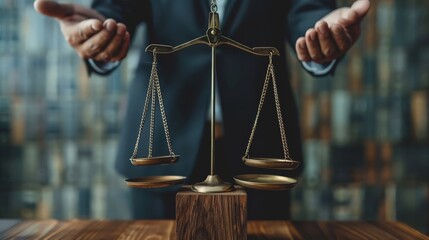 Close-up of a lawyer in a suit holding the scales of justice, symbolizing law, balance, and fairness in the legal system.