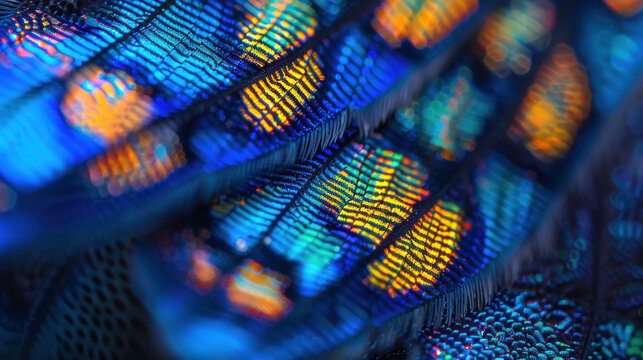 Unreal trippy texture of a colorful butterfly wing, high magnification, bright neon colors