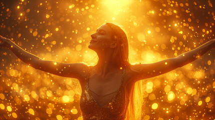 Radiant Euphoria: Girl in Golden Dress with High Arms on Bokeh Lights Background for Advertising Projects.