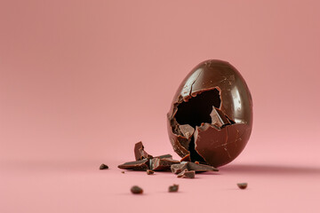 Broken dark chocolate egg with cracked eggshell on pink background. Minimal Easter holiday concept. Copy space.  - obrazy, fototapety, plakaty