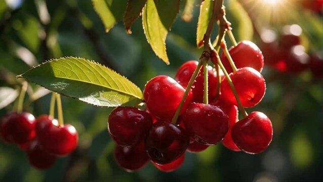 ripe cherries on a branch
