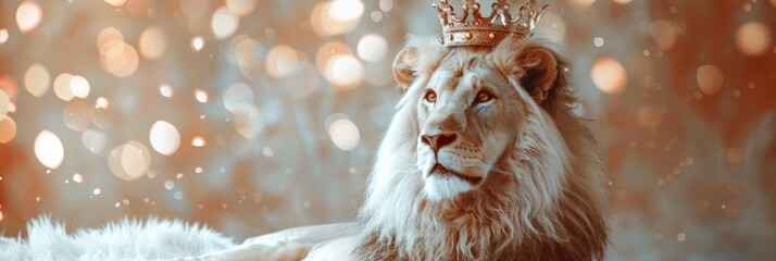 Lion with Gold Crown Pastel Bokeh Background