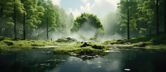 A 3D painting depicting a pond shaped like a CO2 symbol surrounded by trees in a forest, highlighting the impact of carbon dioxide emissions on nature.