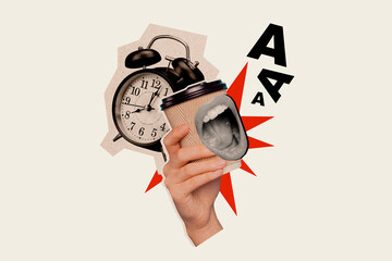 Creative photo collage human hand hold coffee cup caricature screaming mouth alarm clock oversleep...