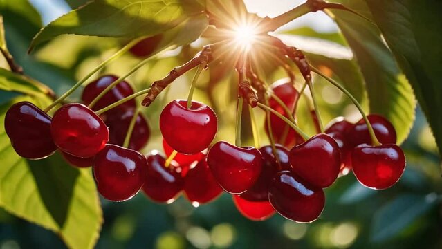 ripe cherries on a branch