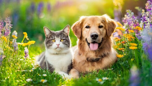 Adorable dog and cat lying together on a green grass field with flowers in nature in the spring. Cute pet image.