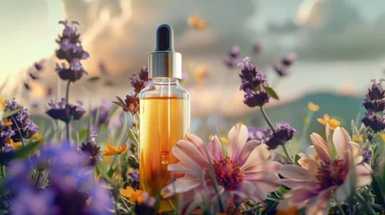 Poster Cosmetic dropper bottle mockup A glass bottle with aromatic oil or serum with flowers near. Skin care essential oil bottle with dropper product mockup © ND STOCK