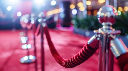 Macro view of red carpet with red rope barrier in a row. - obrazy, fototapety, plakaty