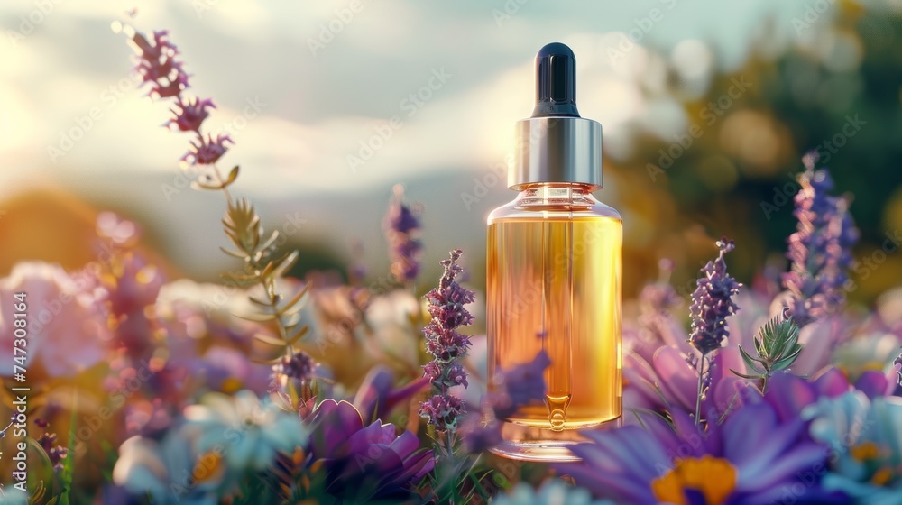 Wall mural Cosmetic dropper bottle mockup A glass bottle with aromatic oil or serum with flowers near. Skin care essential oil bottle with dropper product mockup