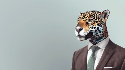 a Jaguar wearing a suit with a tie on a plain white background on the left side of the image and the right side blank for text