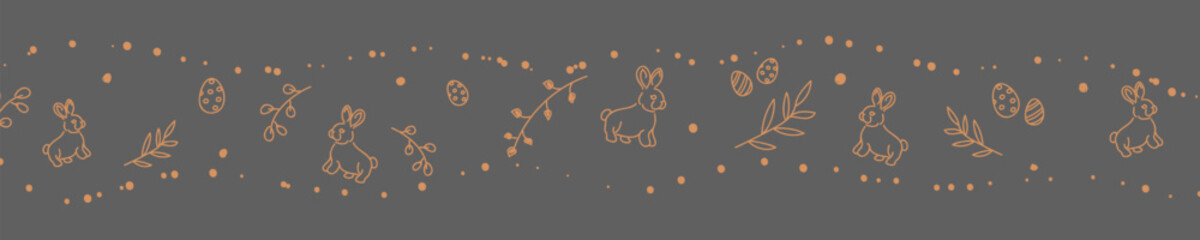 Vector. Cute hand drawn Easter horizontal background with bunnies, easter eggs. Festive background with Easter linear symbols. Copy space for text. Design cards, banners and other promotional items.