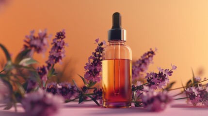 Obraz na płótnie Canvas Cosmetic dropper bottle mockup A glass bottle with aromatic oil or serum with flowers near. Skin care essential oil bottle with dropper product mockup