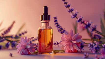 Fototapeta na wymiar Cosmetic dropper bottle mockup A glass bottle with aromatic oil or serum with flowers near. Skin care essential oil bottle with dropper product mockup
