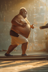 A middle aged obese man running on treadmill - 747308336