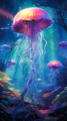 Fototapeta na wymiar Oceanic Dive into a psychedelic underwater world, where glowing jellyfish and fantasy creatures illuminate the depths