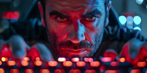 "Dedicated Gamer Concentrated on Playing Video Games with Backlit Mechanical Keyboard". Concept Gaming Setup, Backlit Keyboard, Gamer Life, Concentration, Tech Accessories