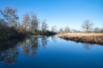 Flußlauf im Naturschutzgebiet, Blaues ruhiges Wasser. Blauer Himmel ohne Wolken. Kahle Bäume am...