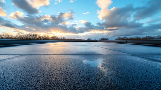 Wet rooftop flat roof reflecting sunset clouds representing tranquility, reflection, weather, and serenity.