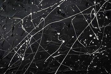 A sleek background texture reminiscent of graffiti art on a black canvas, with minimalistic white lines and splashes adding depth and contrast - obrazy, fototapety, plakaty