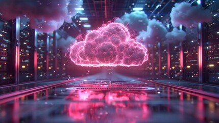 Cloud computing technology pink glow concept floats above server hardware control circuitry data center - obrazy, fototapety, plakaty