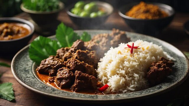 a plate of beef rendang with rice, typical Indonesian food