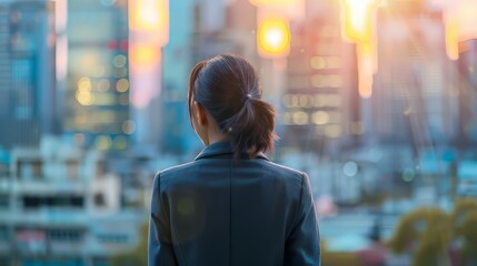 Confident oriental businesswoman contemplating future success in modern urban landscape - business vision and leadership concept