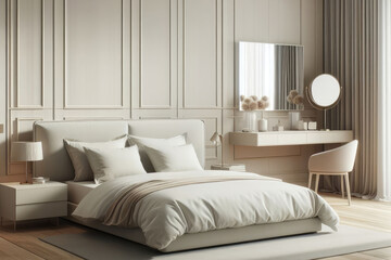 Fototapeta na wymiar Early in morning in modern and white bedroom with furniture, cushions, blankets on bed.