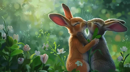 Zelfklevend Fotobehang easter bunny kissing. © asma
