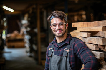 Smiling young man with glasses leaning on stacked wooden planks in a workshop - obrazy, fototapety, plakaty