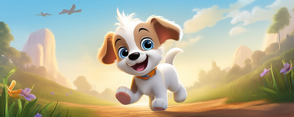 Puppy joyful An adorable, smiling baby puppy embarks on a cartoon animation adventure, filled with...