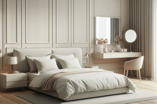 Early in morning in modern and white bedroom with furniture, cushions, blankets on bed.