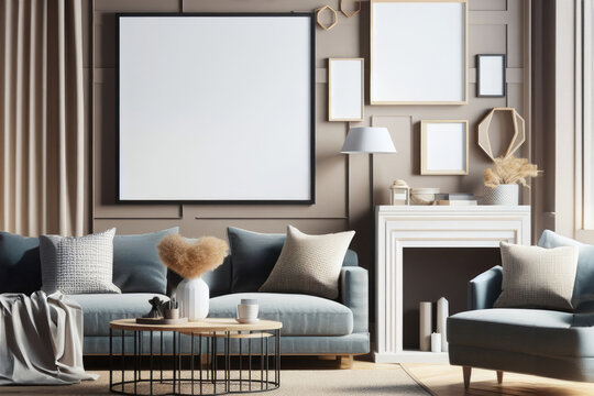 living room design in a modern style, bright room with a sofa and a mock-up painting.