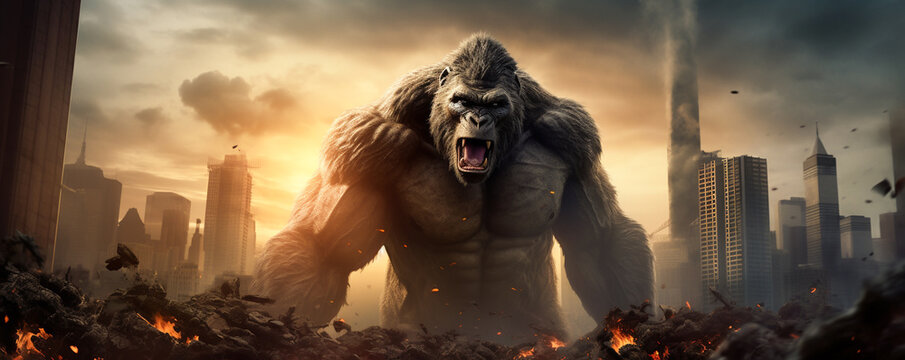 Rampage A colossal gorilla towering over skyscrapers, its roar echoing as it prepares to unleash chaos on the city