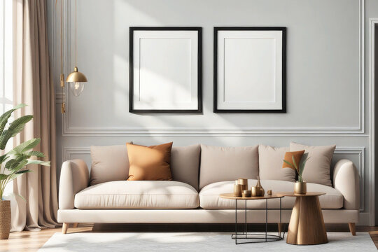 living room design in a modern style, bright room with a sofa and a mock-up painting.