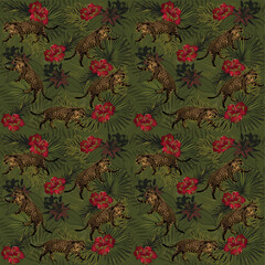 Tropical leopard pattern with hibiscus flowers.