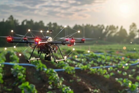 Agricultural drone flying over a farm field - A high-tech drone actively monitors crop health in a farm field, exemplifying modern precision agriculture practices