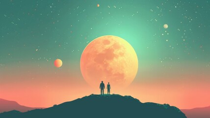 Cosmic landscape with two figures and planets - Two silhouetted figures stand before a giant moon and planets in a starry cosmic scene, evoking themes of exploration and wonder