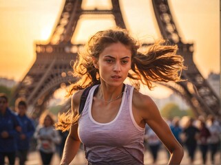 Woman athlete as she run past the Eiffel Tower in Paris, France during a sports race - obrazy, fototapety, plakaty