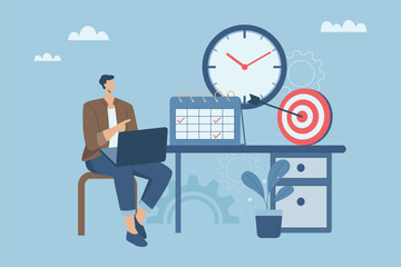 Fototapeta na wymiar Business time management planning, Appointments and calendar schedule planning to achieve work goals, Deadline concept, Businessman with laptop and big clock. Vector design illustration.