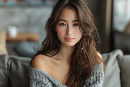 Captivating image capturing the allure of Asian beauty, her lustrous long hair framing her face as she relaxes on a couch against a real background