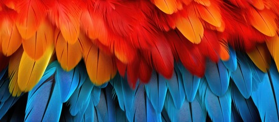 Fototapeta premium Vibrant red, yellow, orange, and blue feathers of a Catalina Macaw, a hybrid bird combining Scarlet Macaw and Blue and Yellow Macaw, captured in a close-up shot against an exotic backdrop.