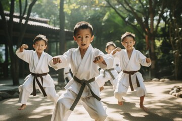 Obraz premium a karate practitioner Boy, his expression a testament to the dedication and discipline cultivated in the martial arts.