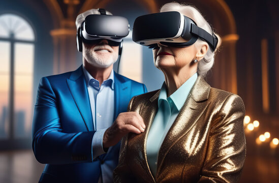 senior couple in virtual reality goggles and fancy clothes 