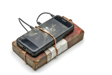 improvised explosive device with cellphone and plastic explosive on white background