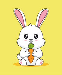 Vector illustration of cute rabbit eating carrot, isolated concept, flat cartoon style, easter design, perfect for, icon, mascot, sticker, etc